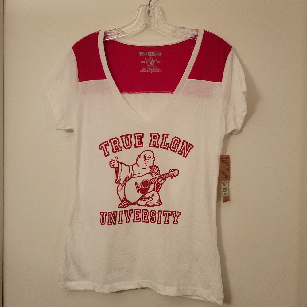 True Religion White/Ruby Red University Football V Neck Tee, Size S